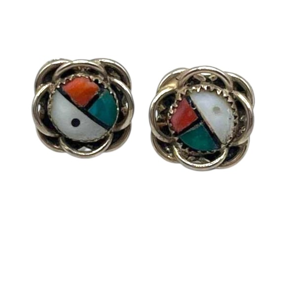 Sterling Silver Turquoise Coral Inlay Stud Earrings‎ Zuni Style 925 Vintage Read